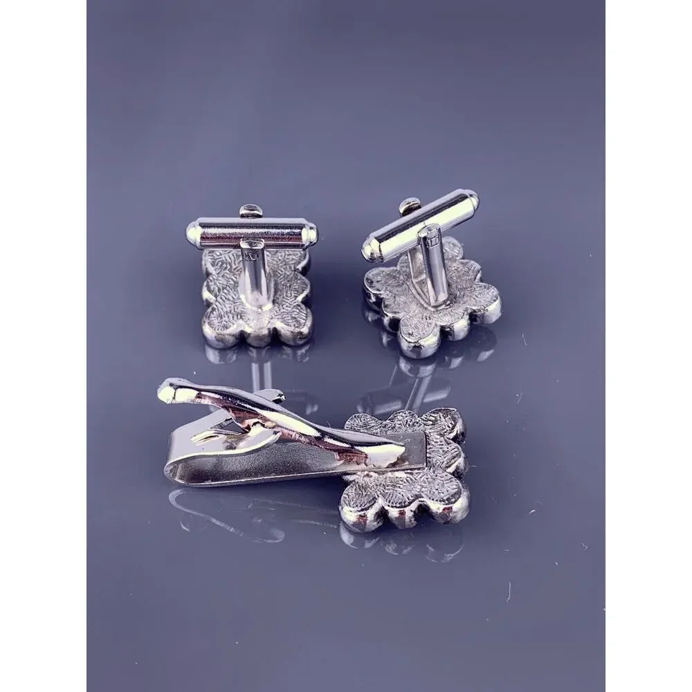Swirl Spiral Silver Tone Cufflinks Tie Pin Square Scrolls Swoops Vintage